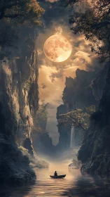 Moonlit canyon journey with a lone boat on glowing water.