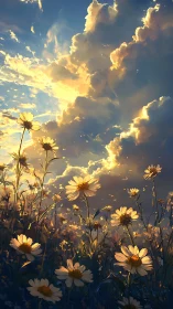Field of daisies glowing beneath dramatic golden clouds