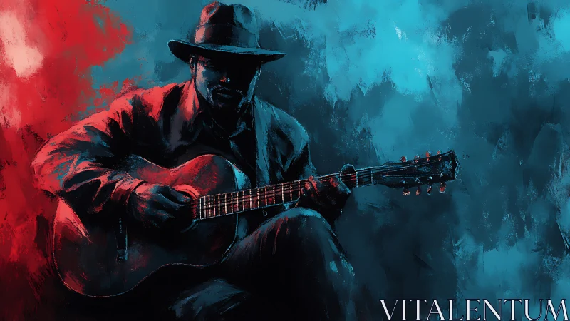 Guitar player sits in mixed red and blue digital lighting