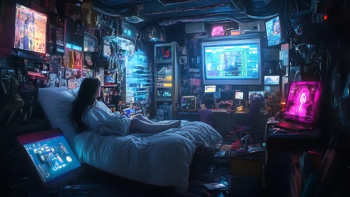 Neon-lit hacker&rsquo;s haven cradles a lone nightbound dreamer.