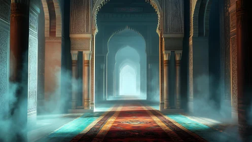 Mystic arched corridor with ornate columns and drifting mist