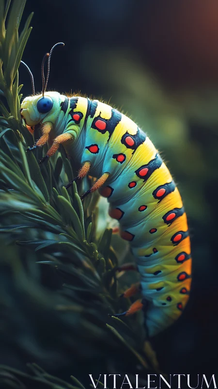 Macro study of iridescent caterpillar anatomy on conifer needles