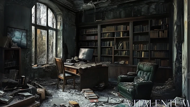 Abandoned study with decayed library and broken windows