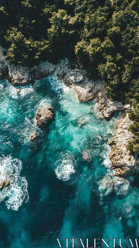 Aerial coastline captures tidal turbulence against rocky forest edge