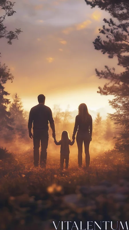 Backlit family silhouette walking through misty forest at dusk