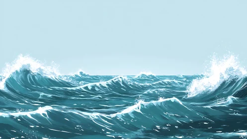 Ocean waves rise and break under a clear pale blue sky.