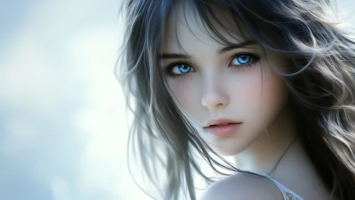 Hyper-real digital portrait renders luminous blue-eyed subject