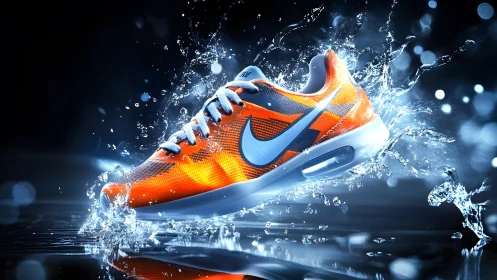 Vibrant orange athletic sneaker splashing in water, dynamic lighting.