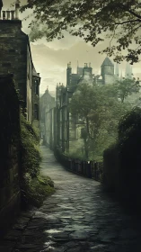 Foggy old stone alley leading to historic town center.