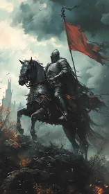 Storm-lit armored rider carries a bold red banner forward