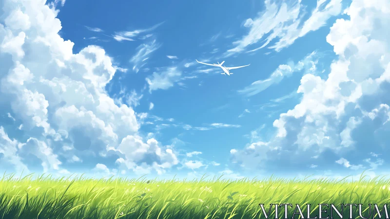 Anime landscape sky with soaring glider and windblown meadow.