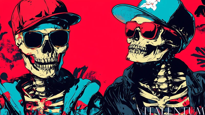 Cool skeleton duo in bright streetwear sharing bold vibes.