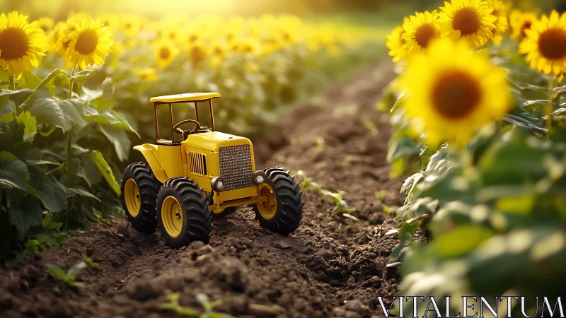 Miniature yellow tractor advances through sunlit sunflower rows