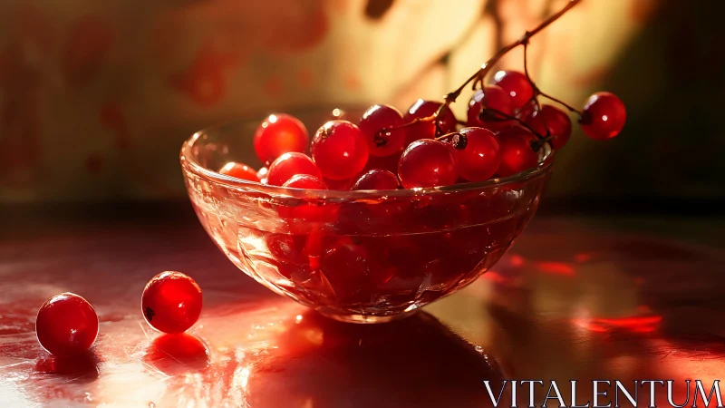 Translucent red currants in glass bowl under warm backlight.