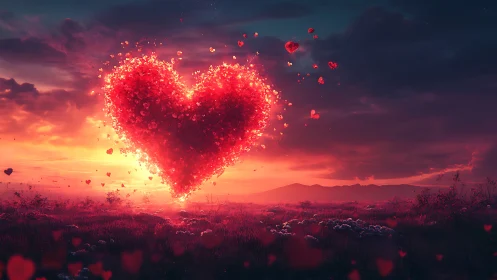 Radiant Heart Composite with Particle Dispersion System Against Twilight Landscape