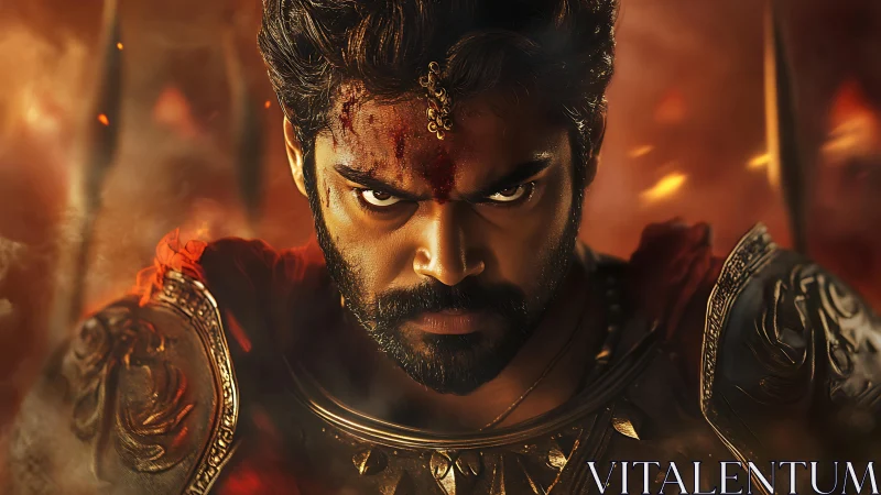 Armored warrior stares forward amid controlled fire effects