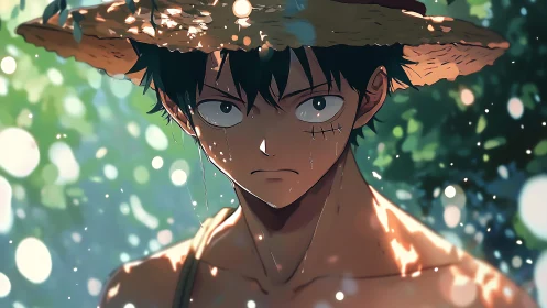 Determined anime boy in straw hat stands beneath glowing sun