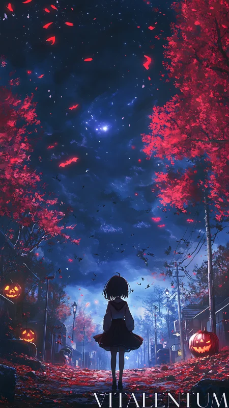 Nocturnal Halloween streetscape under crimson foliage canopy.