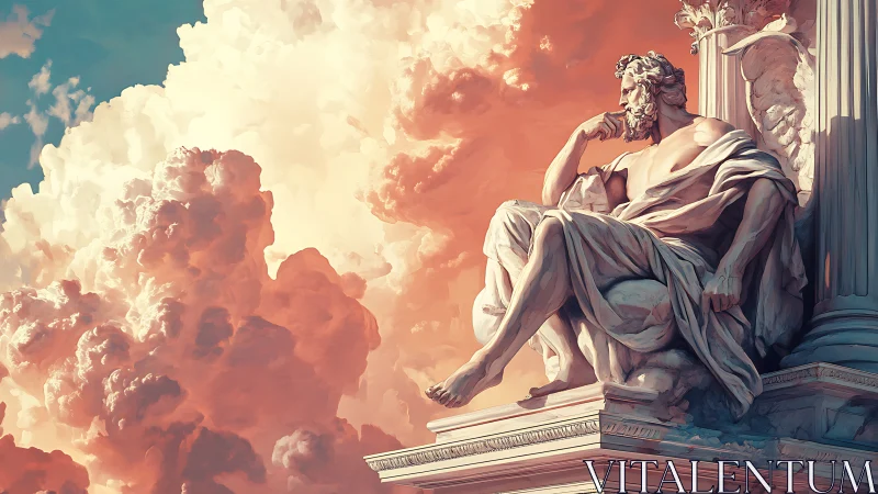 Classical stone statue is positioned before dense cumulus clouds