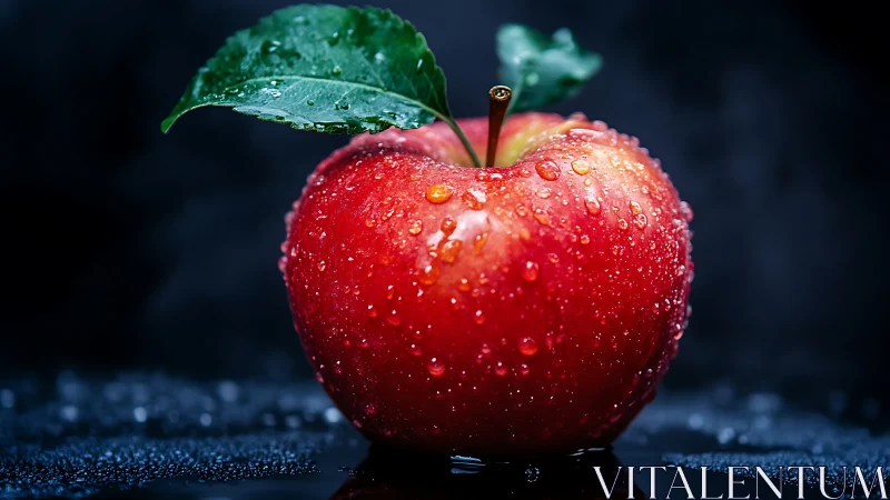 Macro red apple with dew droplets on reflective surface.