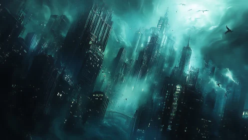 Drowned neon citadel rises through teal storm clouds at dusk