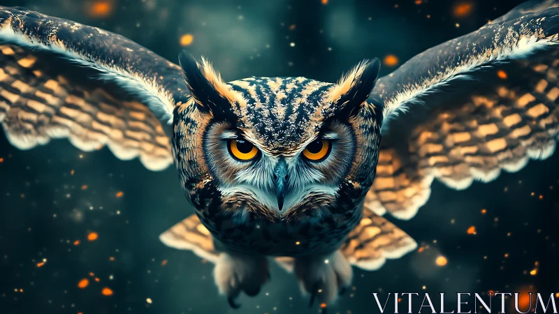 Majestic Owl in Flight with Intense Eyes, Digital Art Style.