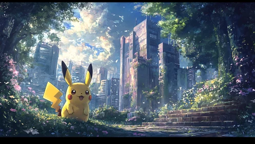 Electric wanderer brightens a lush ruined cityscape.