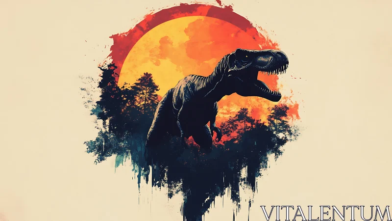 Tyrannosaurus silhouette roars before large red sun circle