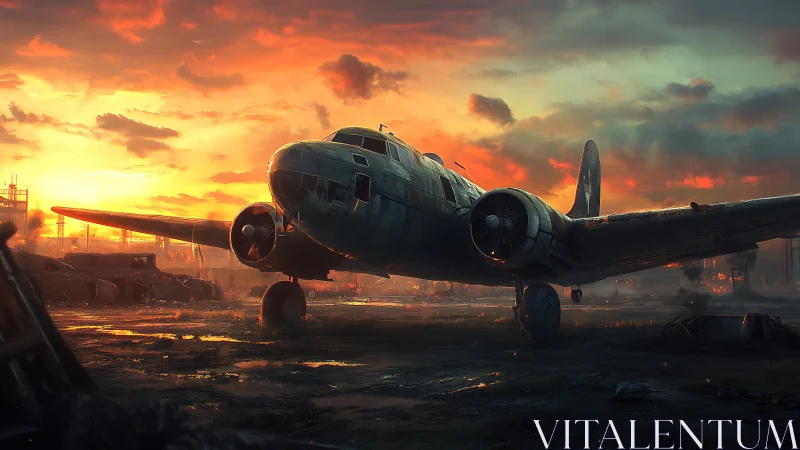 Derelict warplane rests in fiery industrial sunset glow.