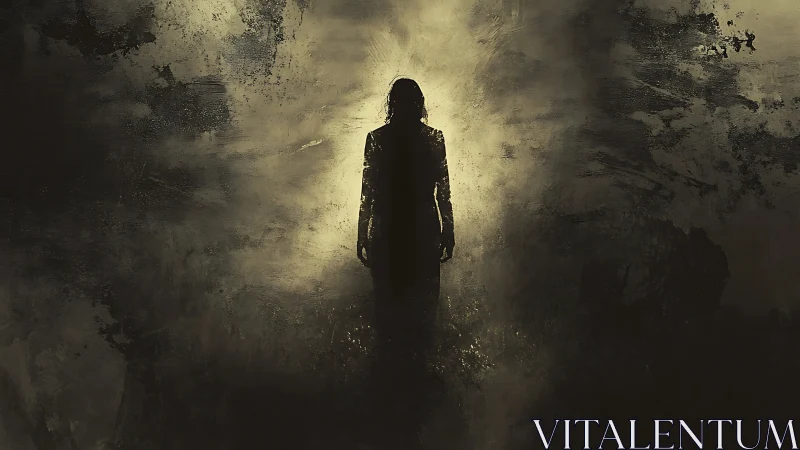 Mysterious Silhouette Standing in Abstract Darkness, Digital Art.