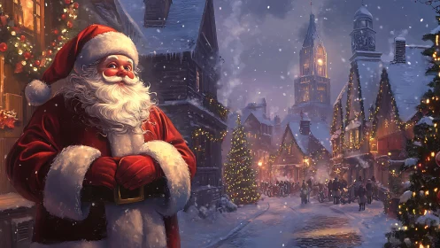Santa overlooking a snowlit Victorian Christmas street scene.