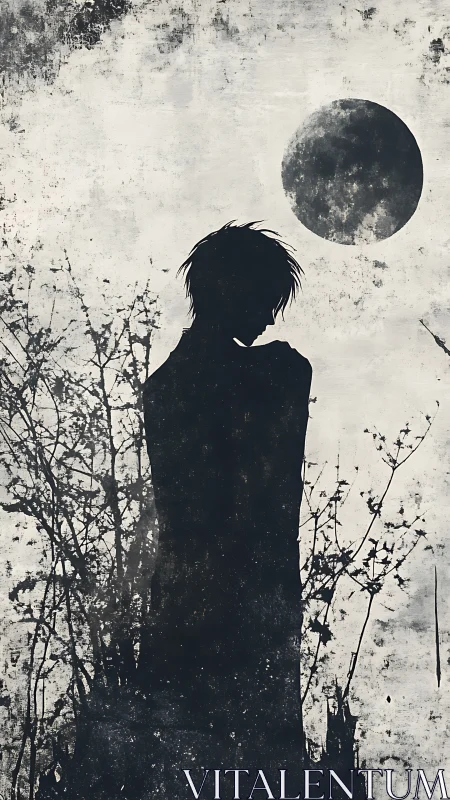 Nocturnal silhouette study under textured lunar field.