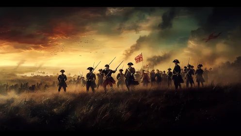 Eighteenth‑century infantry advance under dramatic sunset sky
