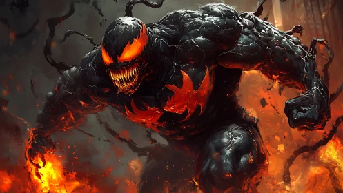 Molten symbiote titan strides through inferno with cracked lava skin