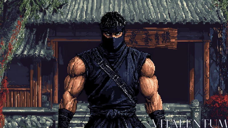 Masked ninja guardian before weathered dojo entrance.