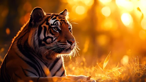 Gentle tiger resting in golden evening forest light.