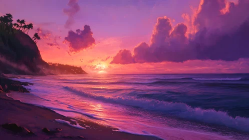Vibrant pink sunset over waves along a quiet tropical shore.