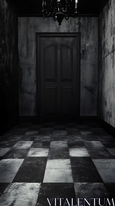 Worn monochrome corridor with closed paneled door and chandelier
