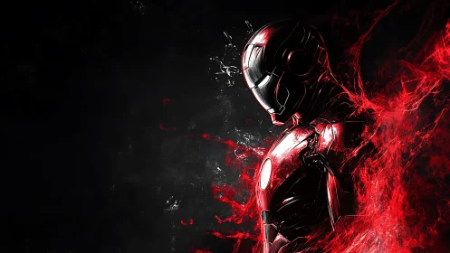 Crimson armor sentinel dissolving into electric nebulae.