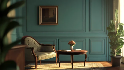 Velvet reading chair anchors teal paneled sitting room.