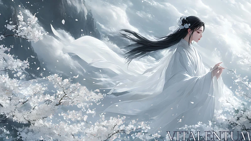 Digital painting of ethereal woman in white among blossoms.