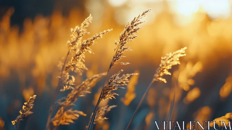 Backlit wild grasses in golden hour shallow-depth focus.