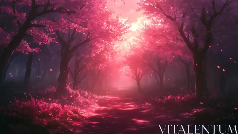 Luminous pink forest path glows under filtered twilight light