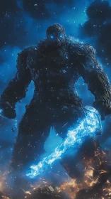 Cosmic stone titan wielding a blazing blue battle hammer.