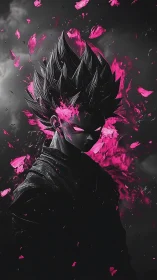 Stylized anime figure with pink energy effects in grayscale scene