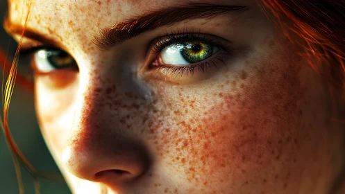 Intense emerald gaze across sunlit freckled portrait study.