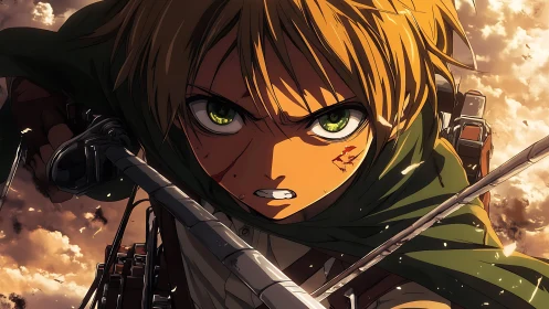 Intense green eyed warrior lunging through burning skyscape.