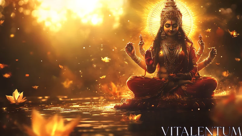 Radiant multi-armed goddess in luminous lotus field meditation.