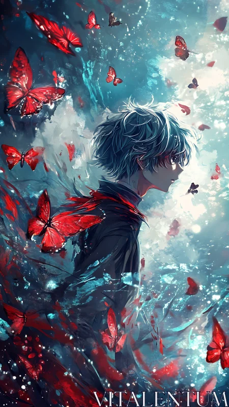 Chromatic anime portrait with crimson butterflies in motion