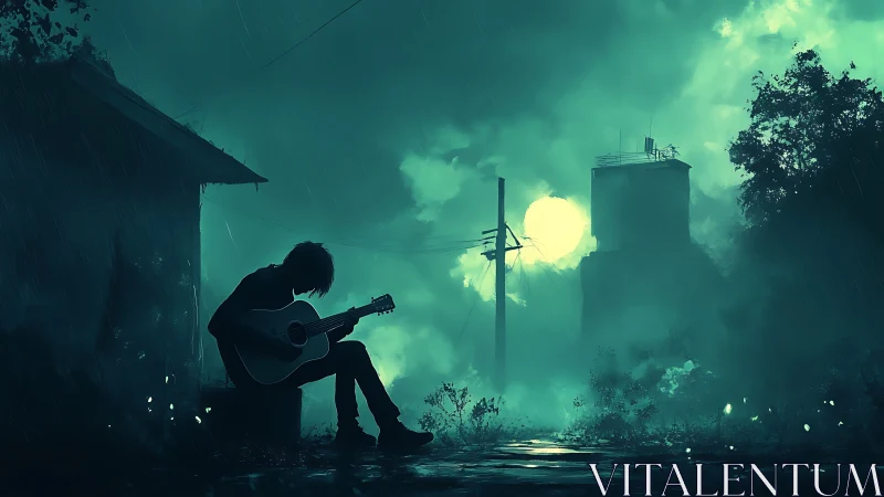 Nocturnal guitar silhouette in rain-soaked atmospheric alleyway.